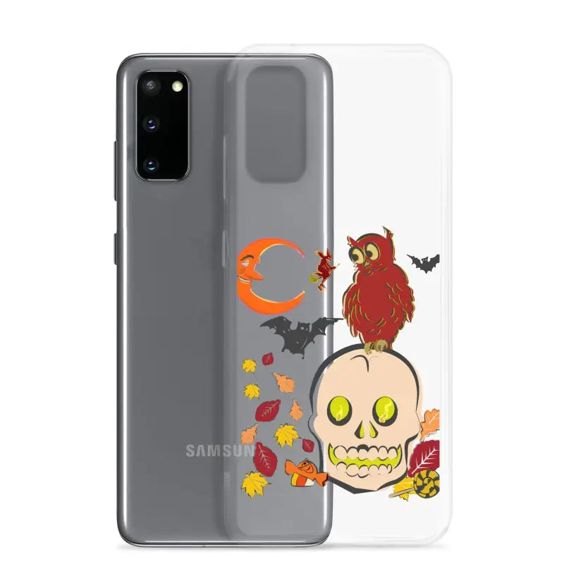 Clear phone case with Halloween owl, skull, bats, and leaves from Haunted Harvest collection