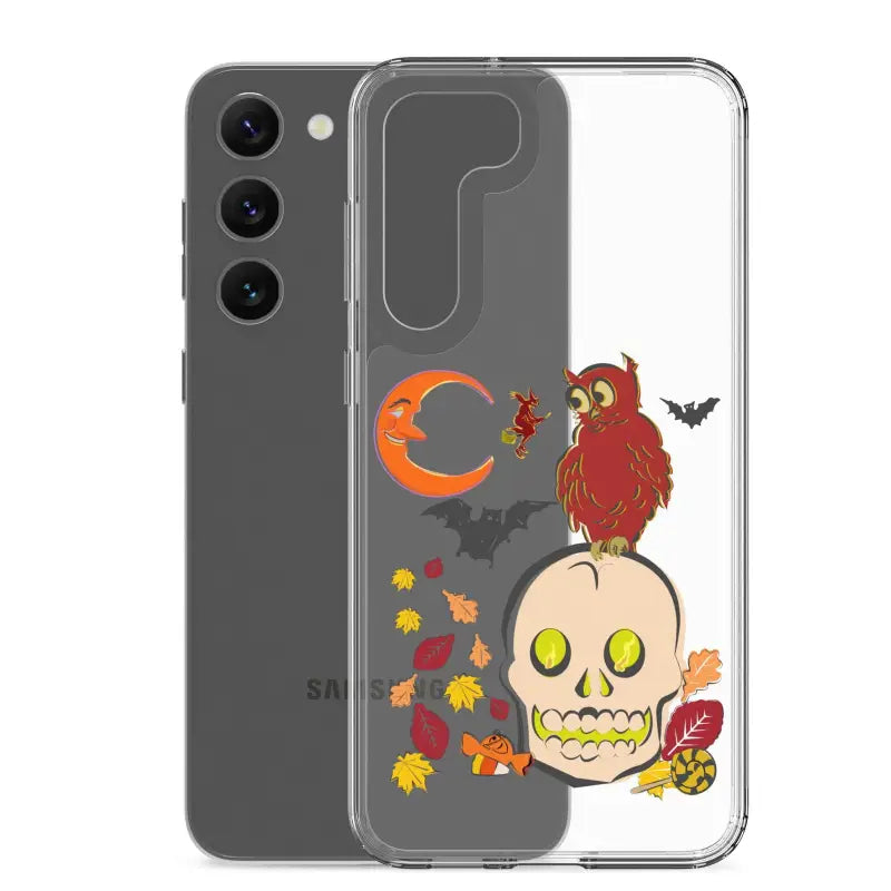 Clear phone case featuring Halloween skull, owl, bats, and leaves for Haunted Harvest appeal