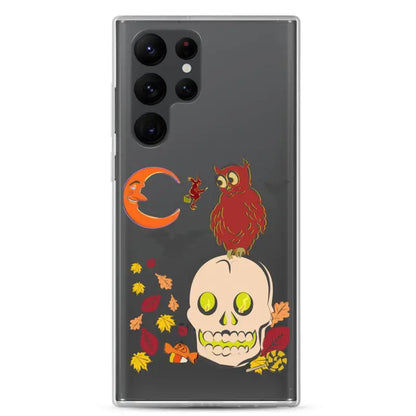 Clear phone case with Halloween skull, owl, moon, and leaves from Haunted Harvest Clear