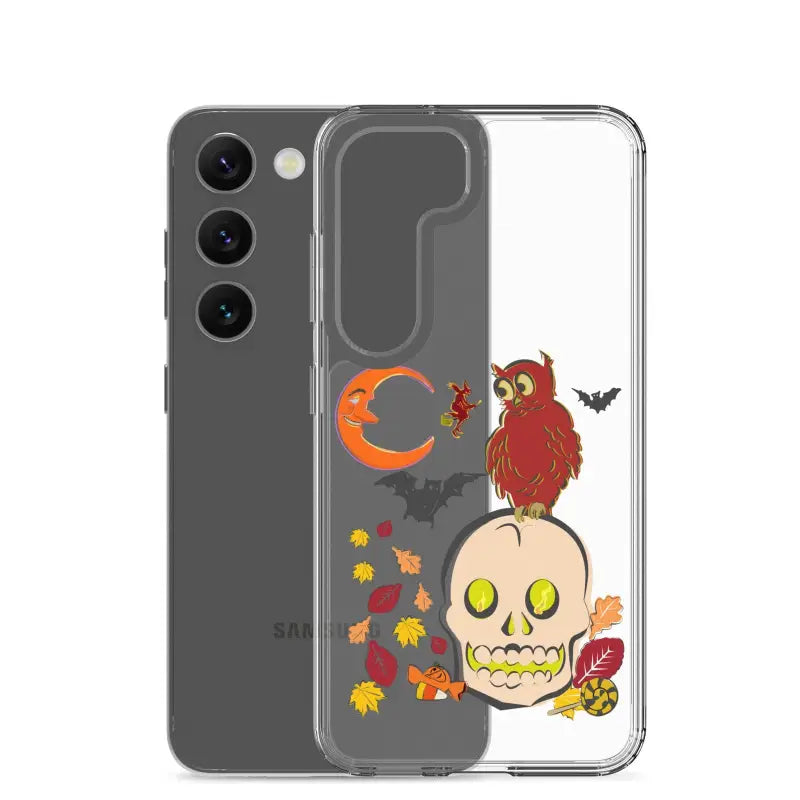 Clear phone case featuring an owl on a skull, perfect for Haunted Harvest themes