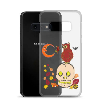 Clear Haunted Harvest Clear Case featuring Halloween skull, owl, moon, and autumn leaves