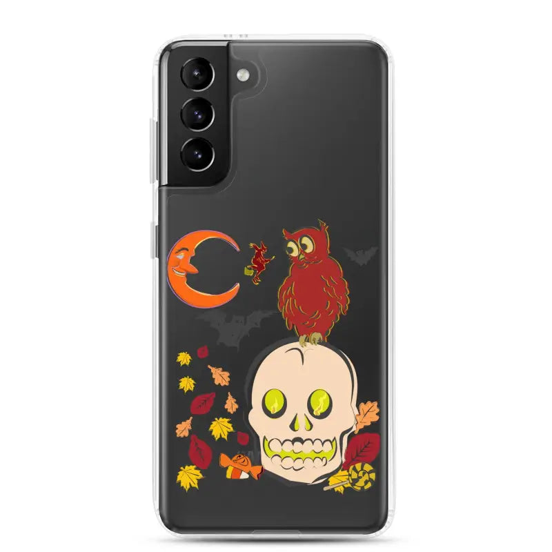 Halloween-themed Phone case featuring skull, red owl, moon, and leaves for Haunted Harvest