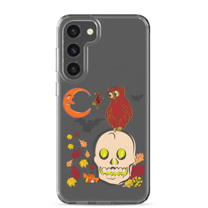 Haunted Harvest Clear Case with Halloween skull, owl, moon, and autumn leaves artwork