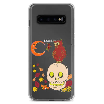 Clear phone case with Halloween owl, skull, moon, and leaves for Haunted Harvest design