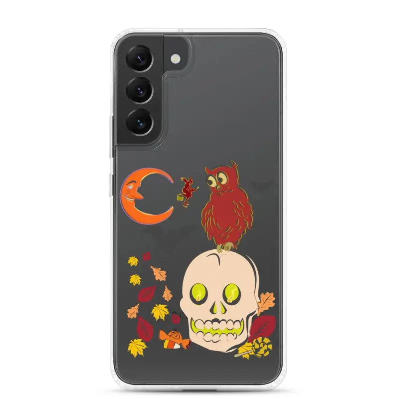 Whimsy of the Haunted Harvest Clear Case featuring autumn skull, owl, moon, and leaves