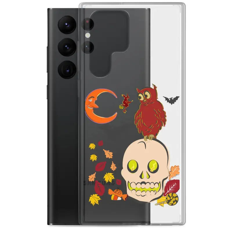 Haunted Harvest Clear Case with Halloween skull, owl, and autumn leaves decorations