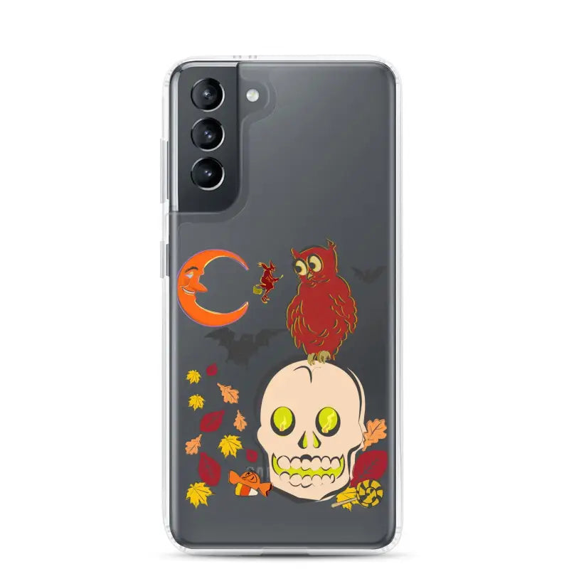 Phone case featuring autumn-themed skull, owl, and leaves for Haunted Harvest Clear Case