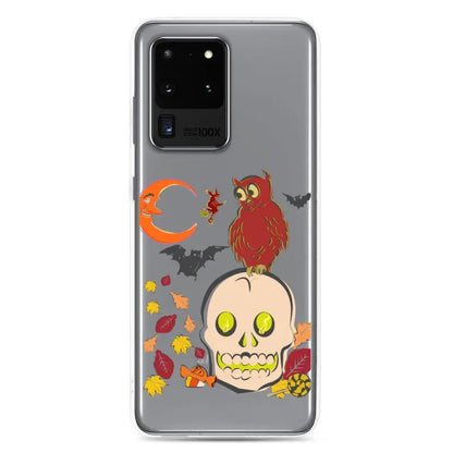 Clear phone case with Halloween skull, owl, bats, and leaves from Haunted Harvest collection