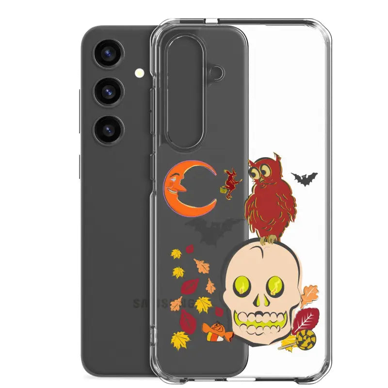 Clear phone case featuring Halloween skull, owl, and leaves for Haunted Harvest theme