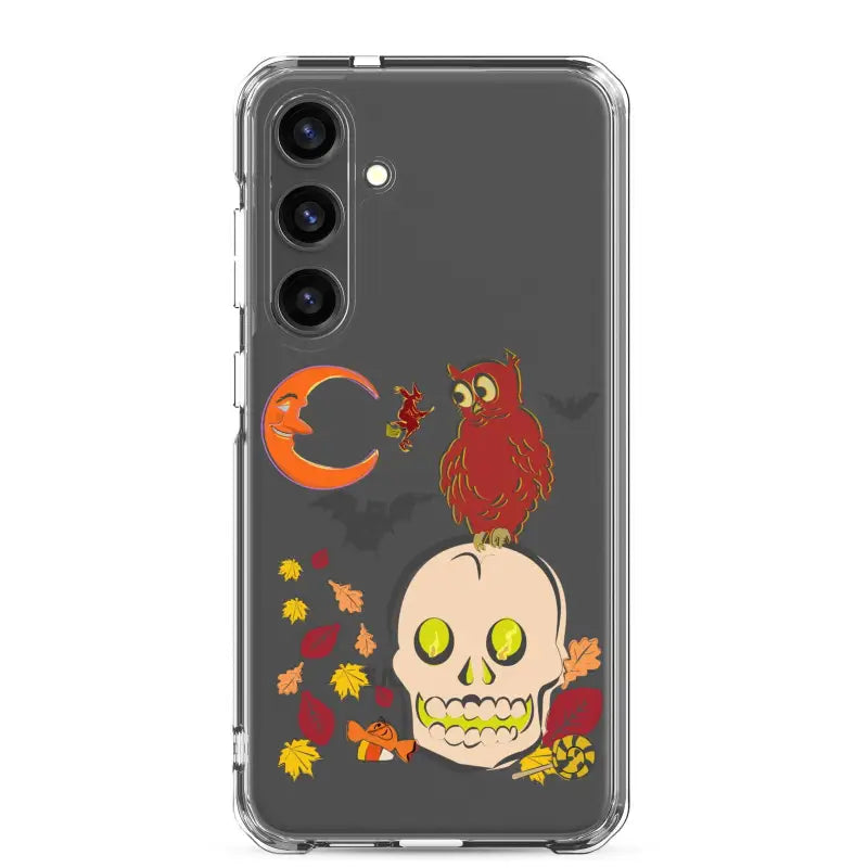 Phone case with Halloween skull, red owl, moon, and leaves from Haunted Harvest Clear