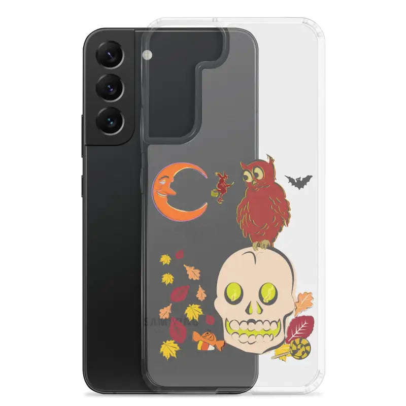 Clear Phone Case featuring Halloween-themed skull, owl, moon, and leaves for Haunted Harvest