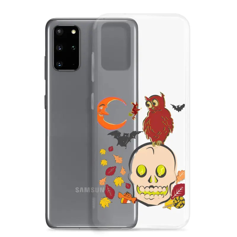 Samsung smartphone case with Halloween skull, owl, bats, and leaves for Haunted Harvest Clear