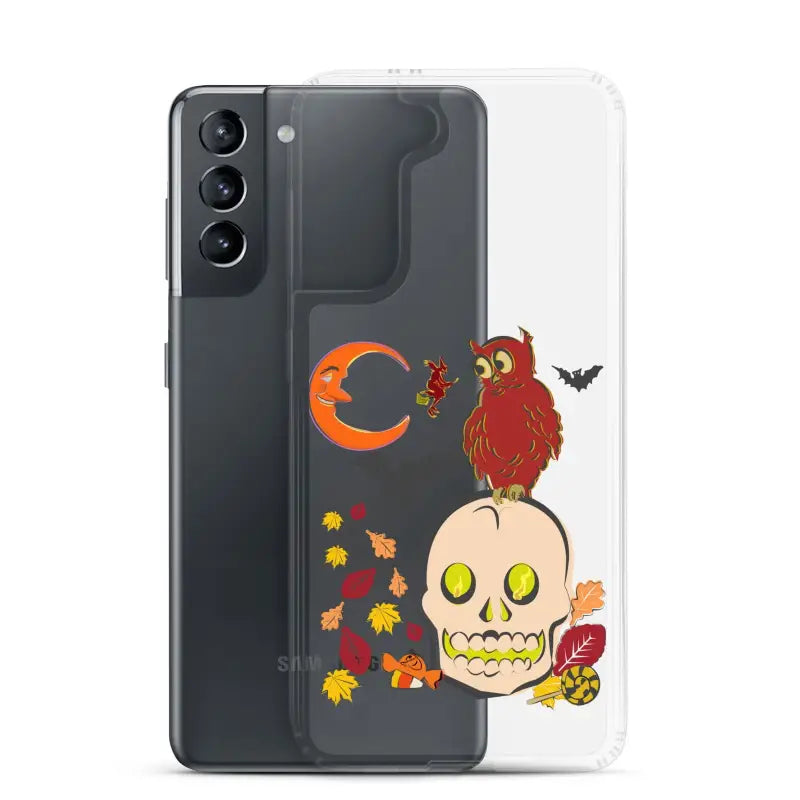 Clear phone case featuring Halloween-themed skull, owl, moon, and leaves in Haunted Harvest design