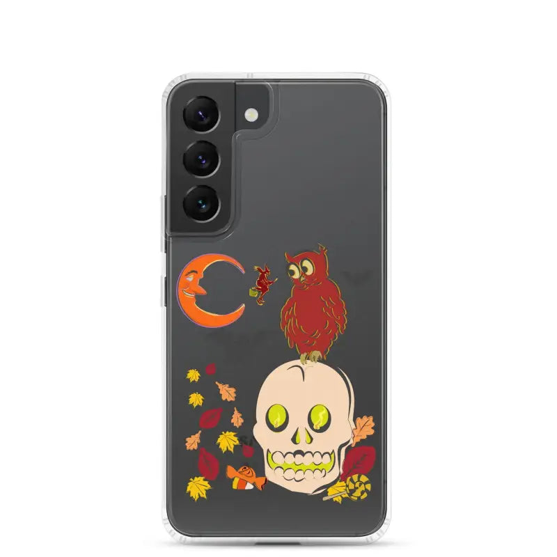 Clear phone case with Halloween skull, owl, moon, and leaves from Haunted Harvest Clear