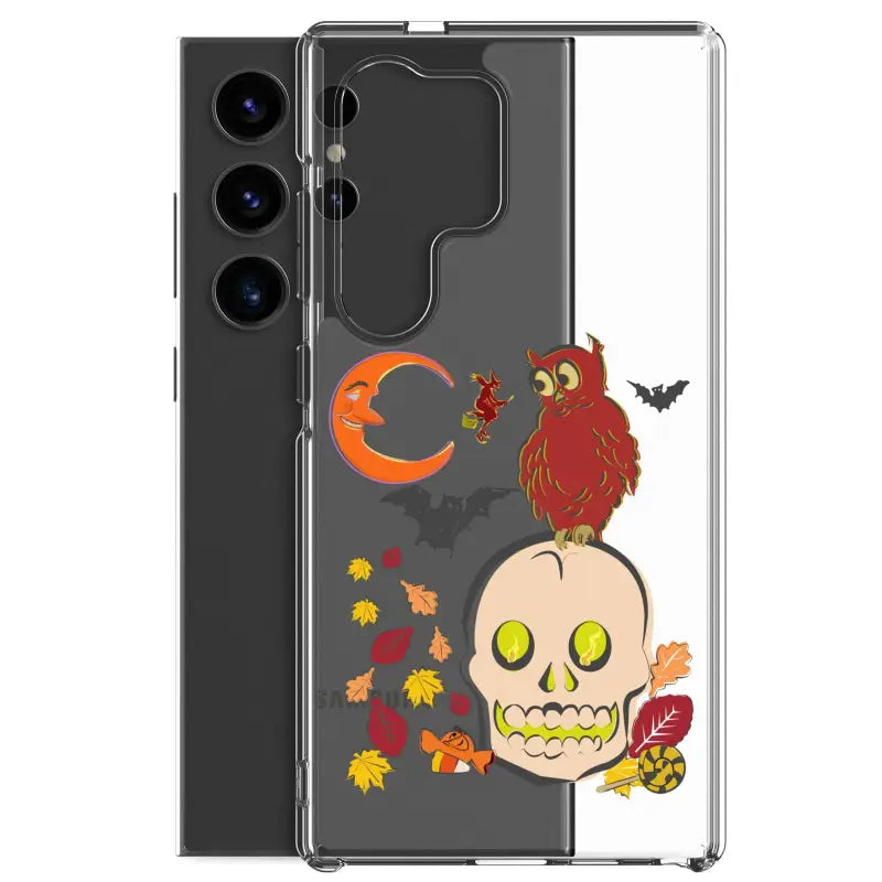 Clear phone case with Halloween artwork featuring skull, owl, moon, and leaves for Haunted Harvest