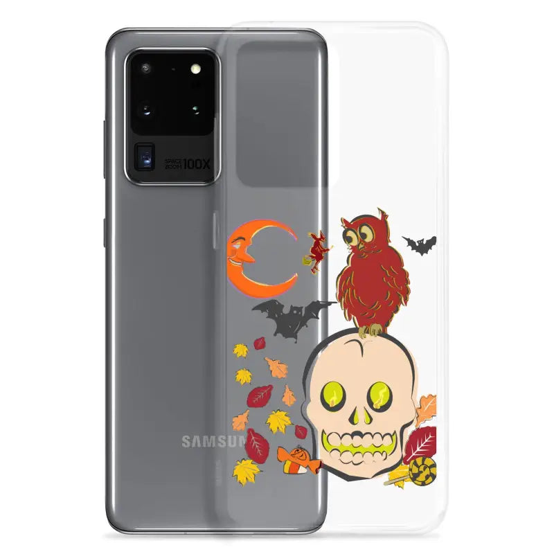 Clear phone case with Halloween artwork, featuring skull, owl, and bats for Haunted Harvest