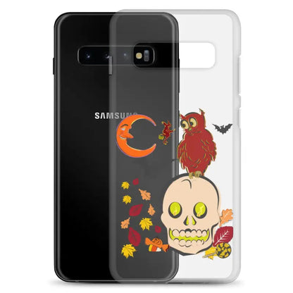 Clear Phone Case featuring Halloween artwork with skull, owl, moon, and leaves for Haunted Harvest