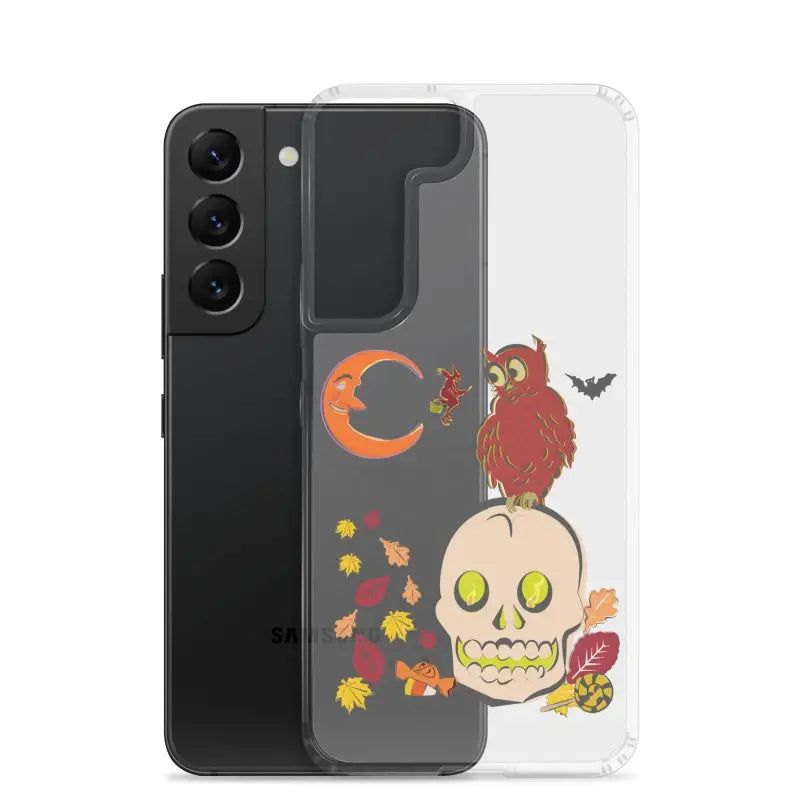 Clear phone case featuring Halloween artwork with owl, skull, moon, and leaves for Haunted Harvest