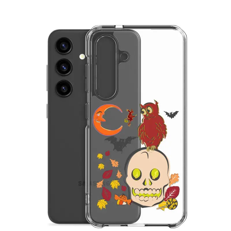 Haunted Harvest Clear Case adorned with a skull, owl, crescent moon, and autumn leaves