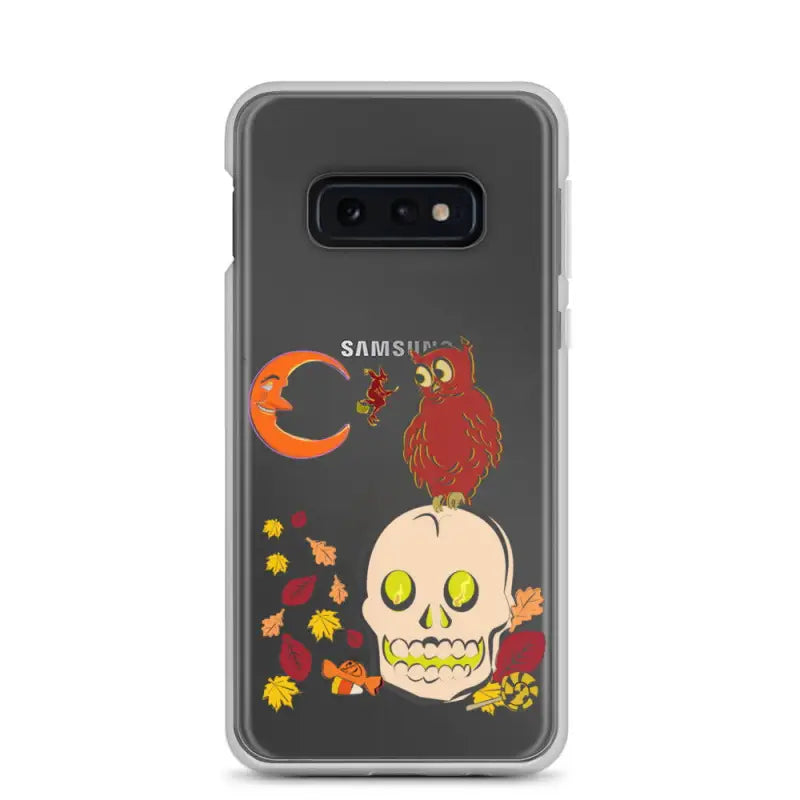 Samsung phone case with Halloween owl, skull, moon, and leaves for Haunted Harvest Clear