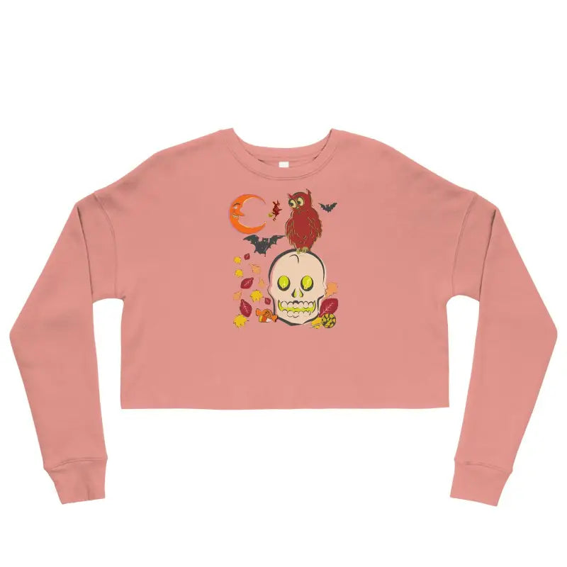 Pink cropped sweatshirt with skull and owl design, embodying haunted harvest fleece enchantment