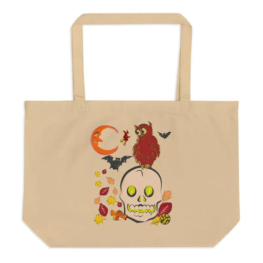 Beige tote bag with Halloween artwork featuring owl, skull, bats, and leaves for haunted harvest organic