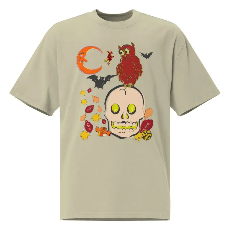 Beige oversized faded t-shirt featuring Halloween skull, owl, bats, and crescent moon design