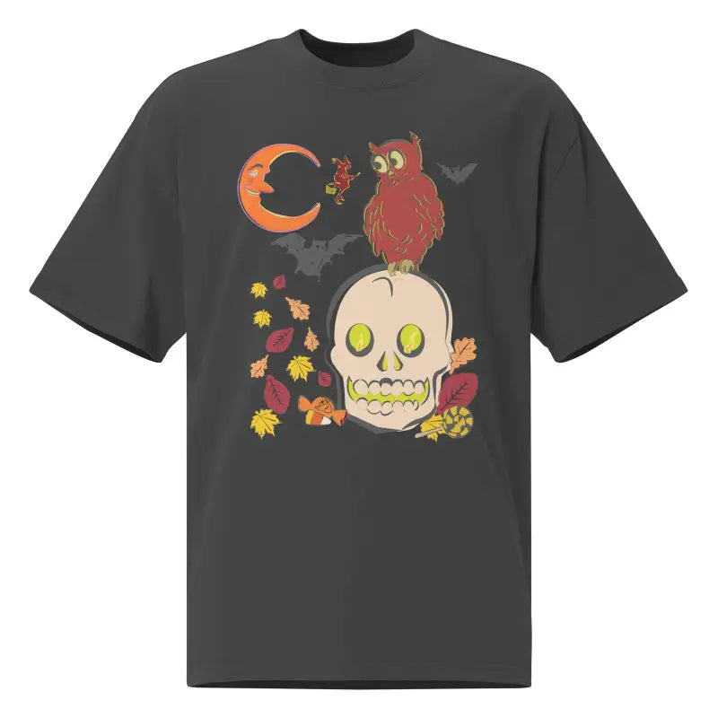 Dark gray oversized faded t-shirt featuring Halloween skull, owl, and bats design