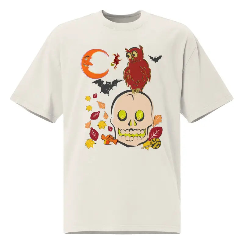 White oversized faded t-shirt featuring a Halloween design with skull, owl, bats, and leaves