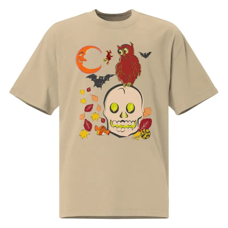 Tan oversized faded t-shirt featuring Halloween skull, owl, bats, and crescent moon design