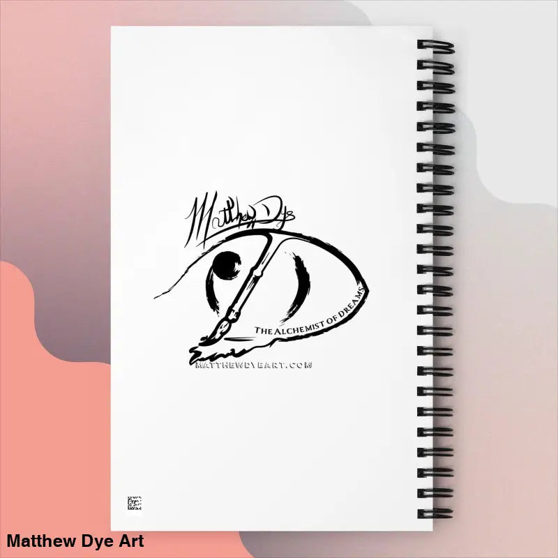 Spiral notebook featuring a black artistic logo, ideal for art, notes, and writing