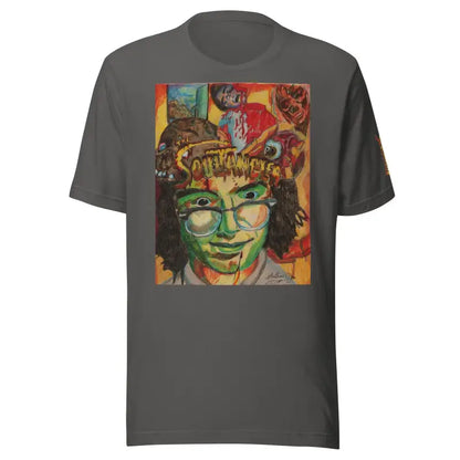 Dark grey crafted unisex tri-blend t-shirt with colorful psychedelic artwork