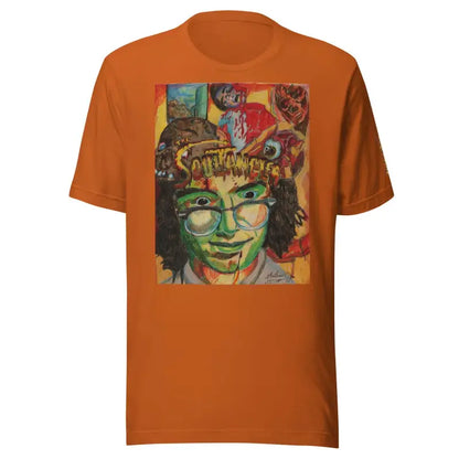 Orange crafted unisex tri-blend t-shirt featuring colorful psychedelic artwork and glasses