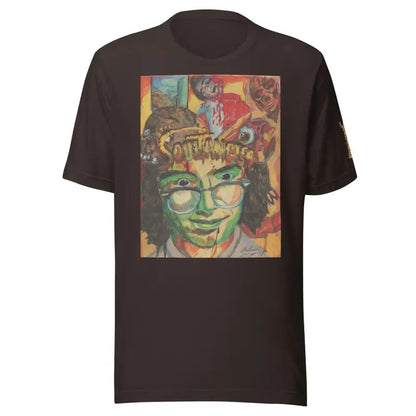 Black crafted unisex tri-blend t-shirt featuring colorful psychedelic artwork and text