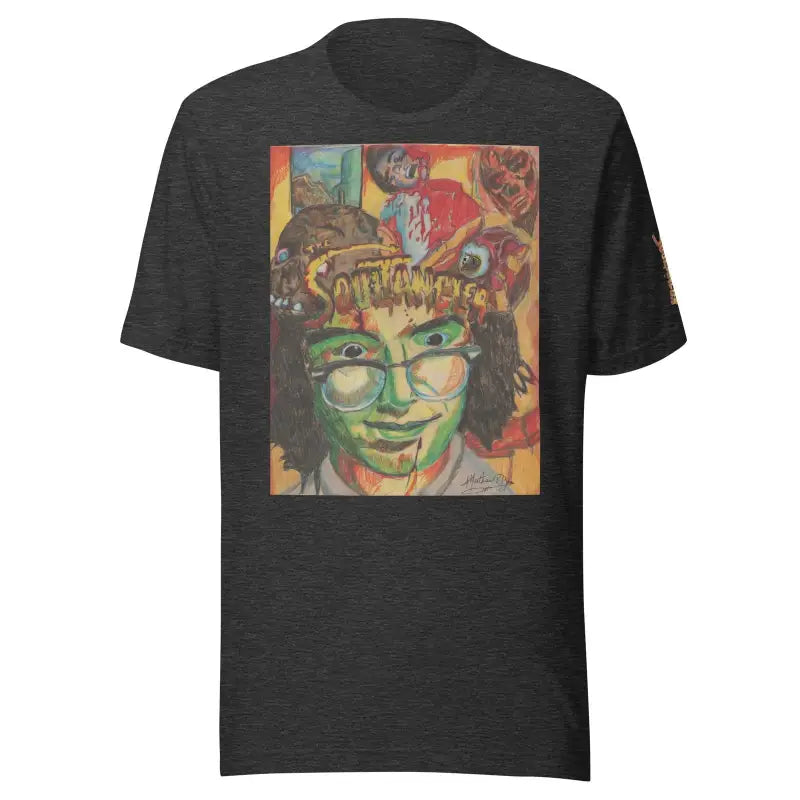 Black crafted unisex tri-blend t-shirt with colorful artistic portrait and glasses design