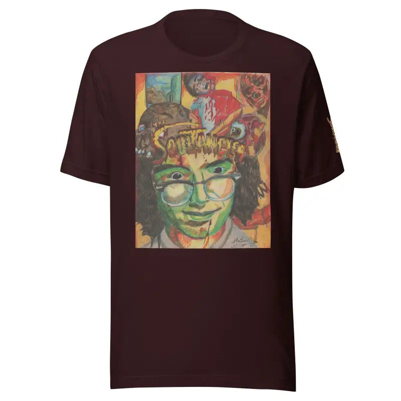 Brown crafted unisex tri-blend t-shirt featuring a vibrant artistic graphic print on the back