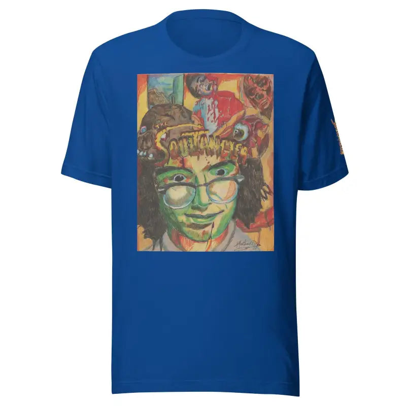 Royal blue crafted unisex tri-blend t-shirt featuring colorful artistic portrait design