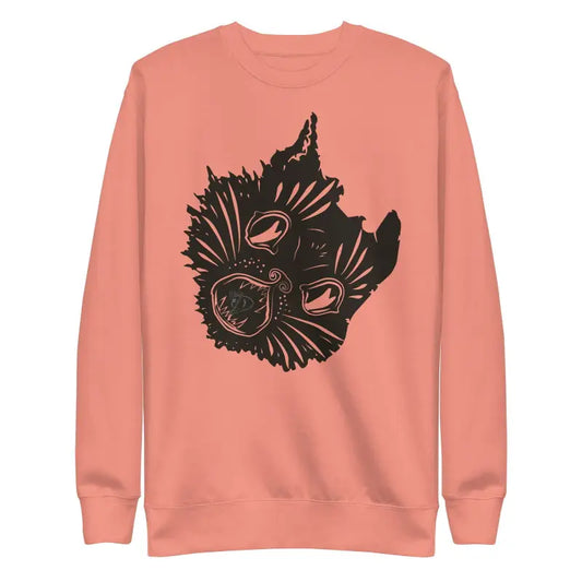 Peach-colored premium spooky sweatshirt with black cat face design and decorative elements