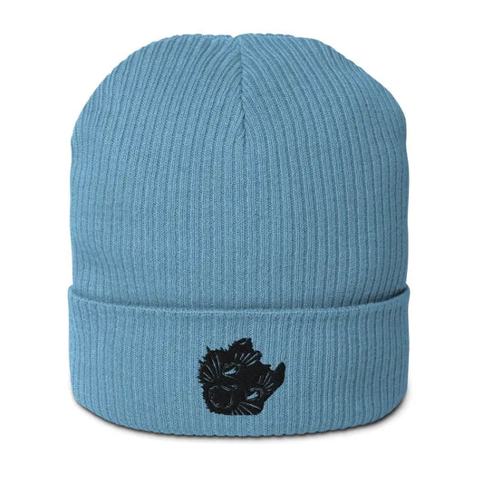 Light blue organic ribbed beanie featuring a black embroidered leaf design