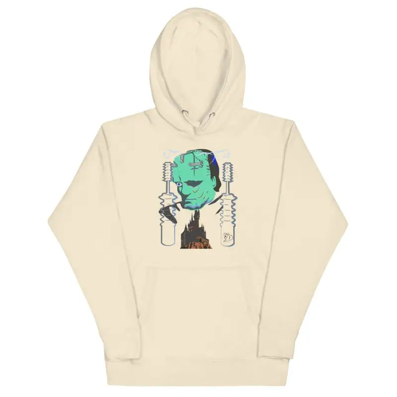 Cream-colored Franky Unisex Hoodie featuring a turquoise head graphic design