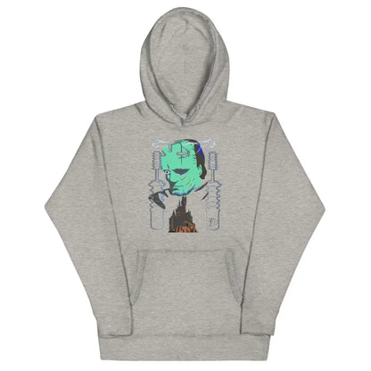 Grey Franky Unisex Hoodie featuring mint green artistic portrait graphic on front