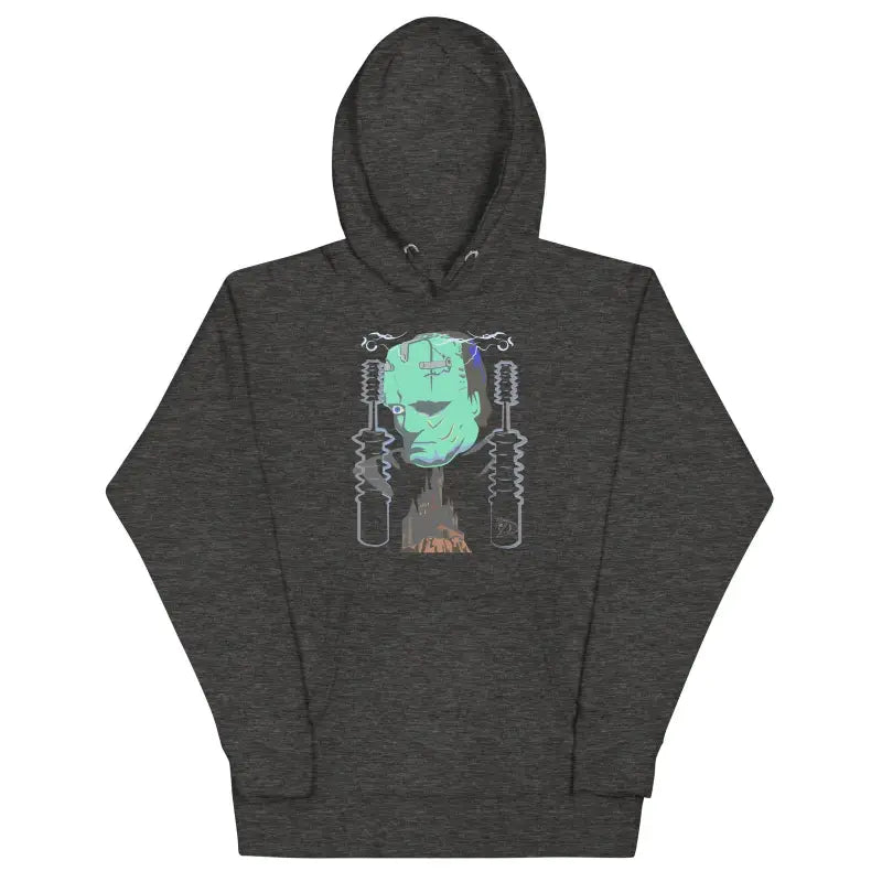 Dark gray Franky Unisex Hoodie with mint green robotic head design for stylish comfort