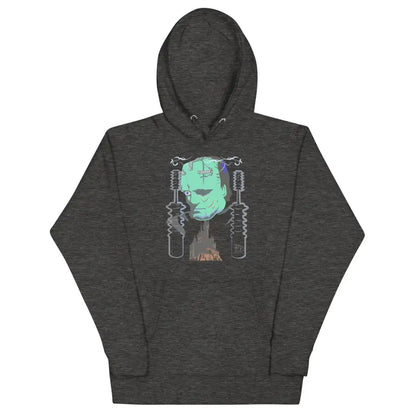 Dark gray Franky Unisex Hoodie with mint green robotic head design for stylish comfort