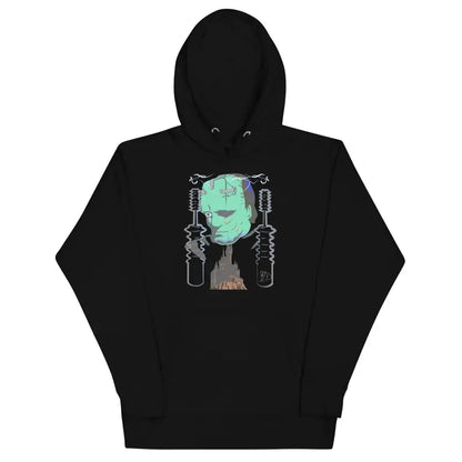 Black hoodie featuring mint green sci-fi design, perfect for the Franky Unisex Hoodie