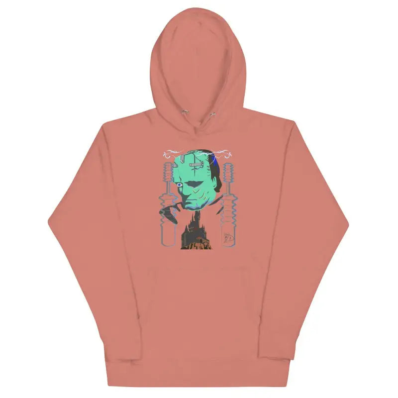 Dusty pink Franky Unisex Hoodie featuring a mint green artistic graphic design