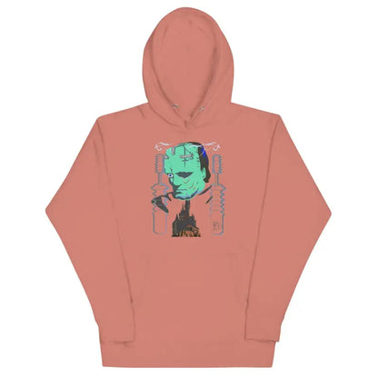 Dusty pink Franky Unisex Hoodie featuring a mint green artistic graphic design