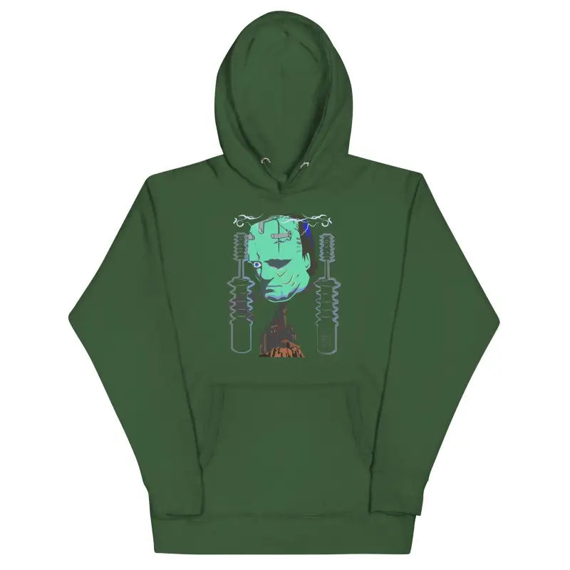 Forest green Franky Unisex Hoodie featuring a turquoise robotic design graphic