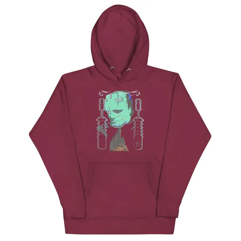 Burgundy Franky Unisex Hoodie featuring turquoise robotic head design on front