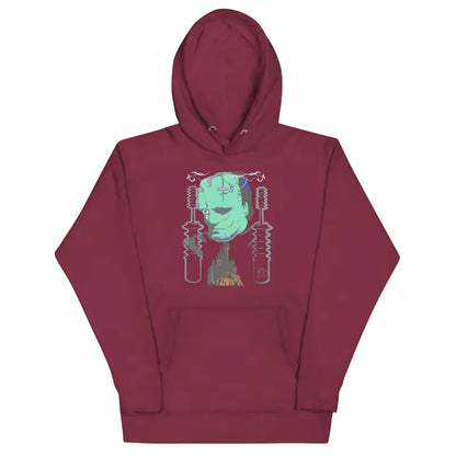 Burgundy Franky Unisex Hoodie featuring turquoise robotic head design on front