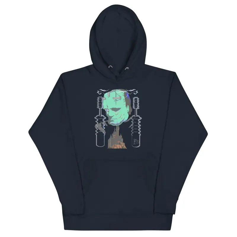 Navy blue Franky Unisex Hoodie featuring a green sci-fi robot design on the front